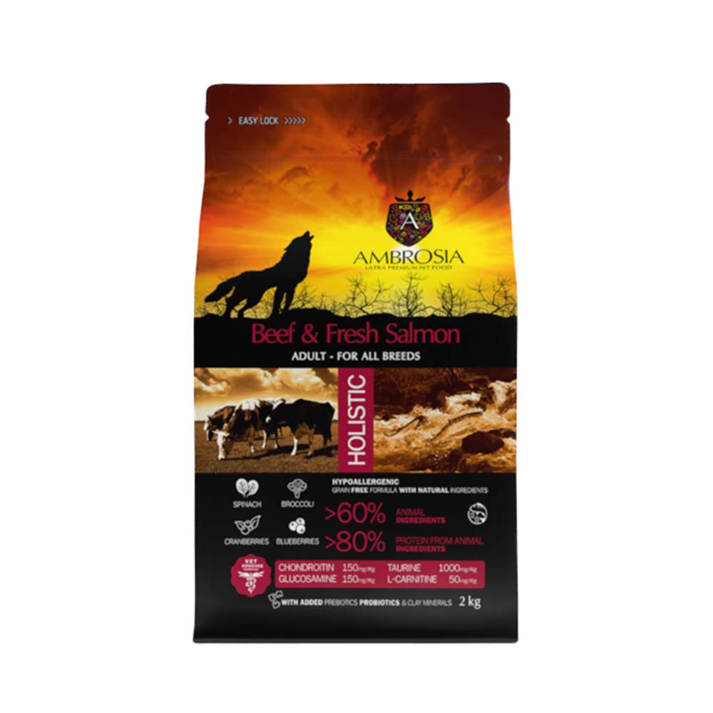 Ambrosia 2kg τροφή σκύλου βοδινό σολομός - με βοδινό και φρέσκο σολομό